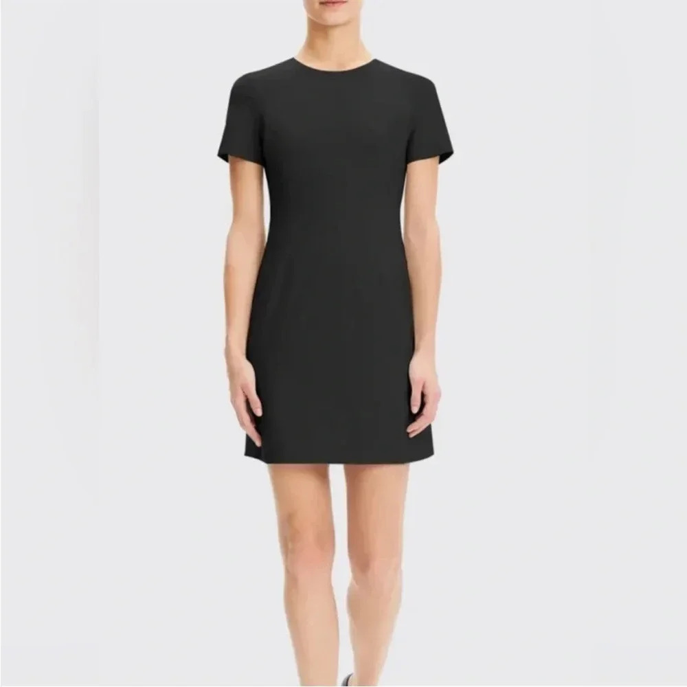 Theory black Mansa leather stripe knit shift dress